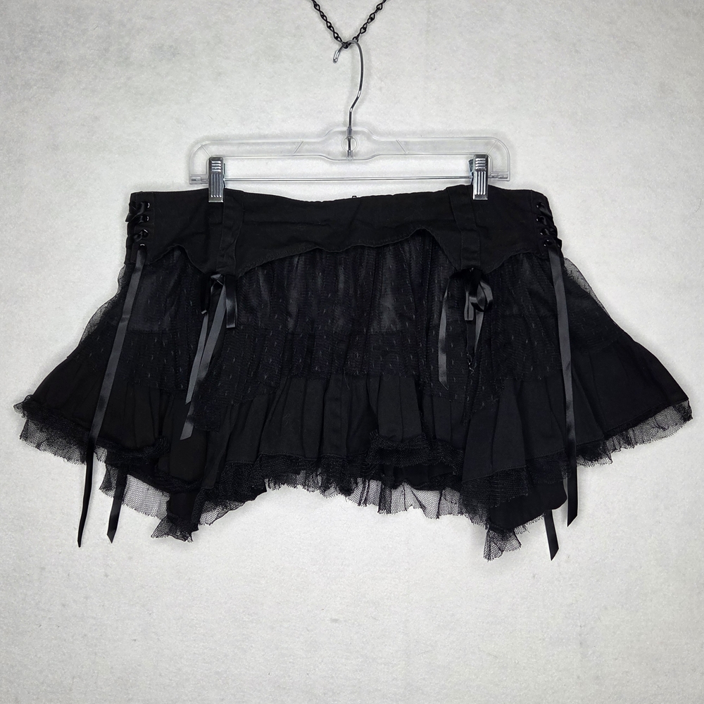 HELL BUNNY 2XL Mini Skirt Goth Rave Grunge Black Lace Garter Asymmetric 5235